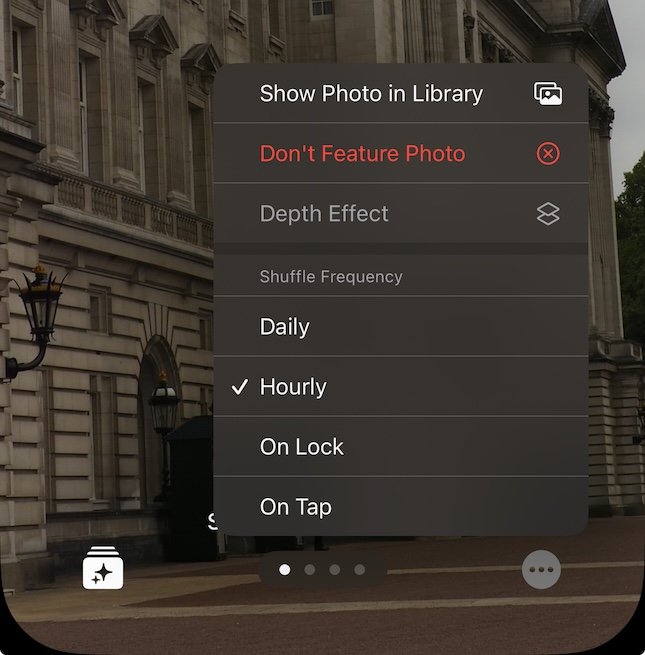 Screenshot showing the Show Photo in Library menu item on the Photo Shuffle lock screen configuration screen